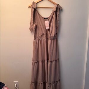 Amazon Tan Maxi Dress Sleeveless Spaghetti Strap Ruffled